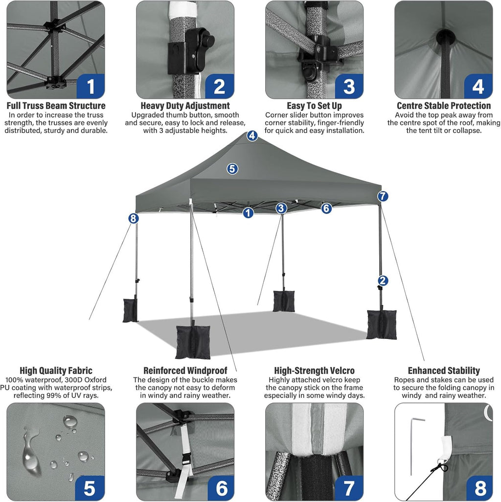 COBIZI 10x10 Heavy Duty Pop Up Canopy Tent with 4 Sidewalls Thicken Frame, Commercial Easy Up Outdoor Wedding Party Tents, All Season Waterproof Windproof with Stakes Sandbags Ropes Roller Bag, Gray