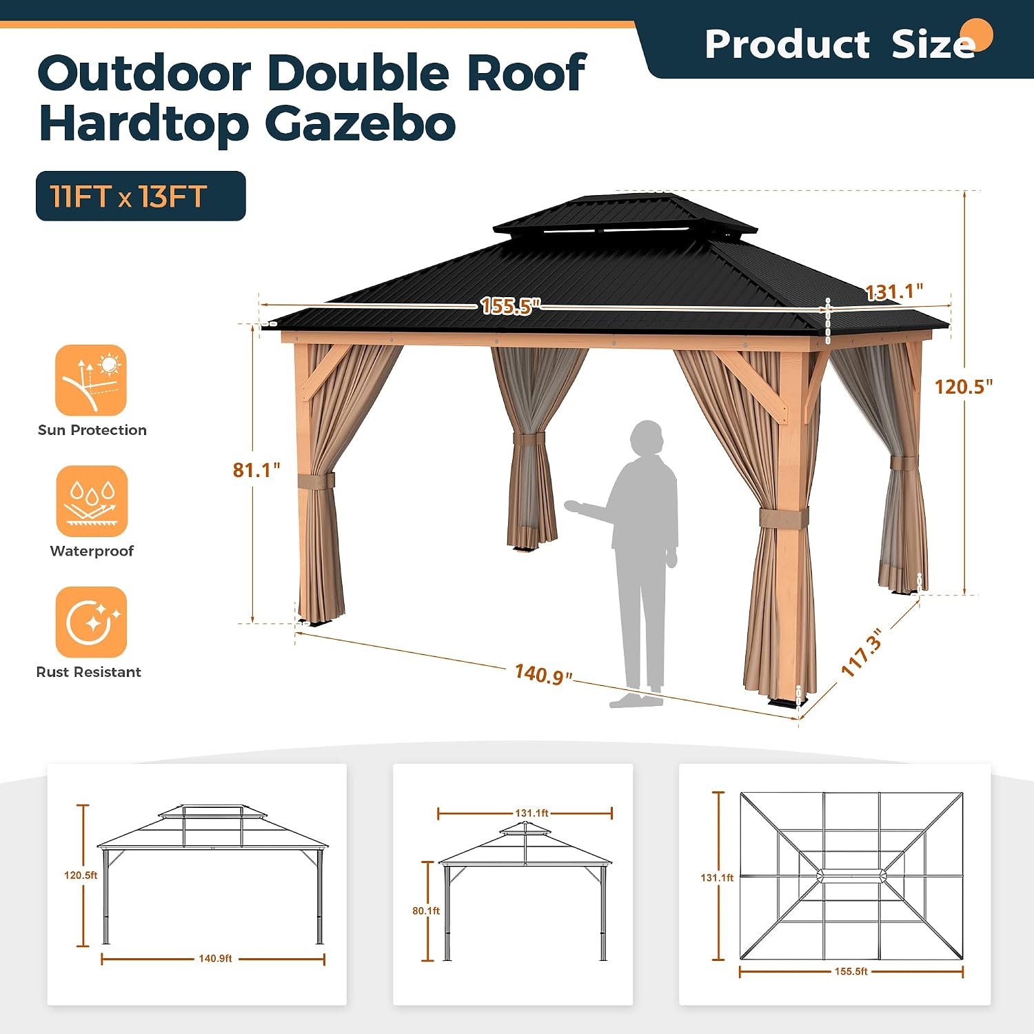 HAPPATIO 11' × 13' Wood Gazebo, Outdoor Hardtop Gazebo with Mosquito Netting and Curtains, Double Metal Roof Patio Hard Top for Garden, Patio, Deck, Parties (Brown)