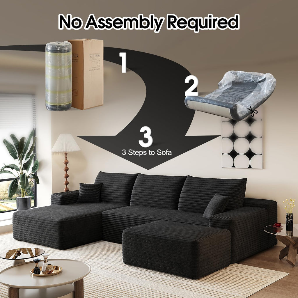 107' Comfy U-Shaped Sectional Modern Boneless Corduroy Couch with Chaise ‌and Ottoman‌ - No Assembly Required! Deep-Seat, Upholstered Modular Cloud Sofa for Living Room, Plush Corduroy Fabric(Black)