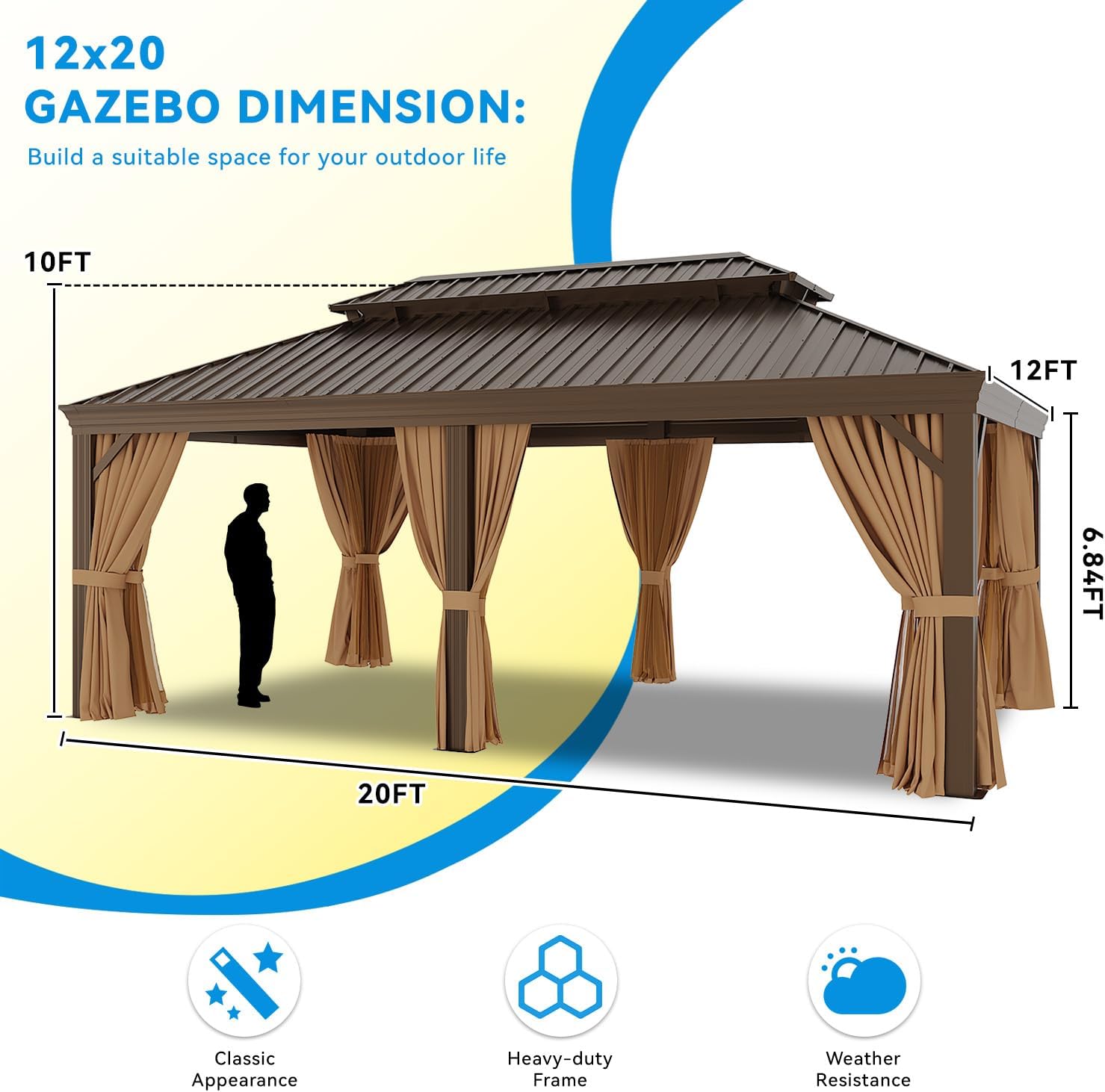 12' x 20' Hardtop Aluminum Gazebo, Double Galvanized Steel Roof Pavilion with Netting and Curtains, Permanent Outdoor Shelter for Patio, Lawn, and Garden, Brown