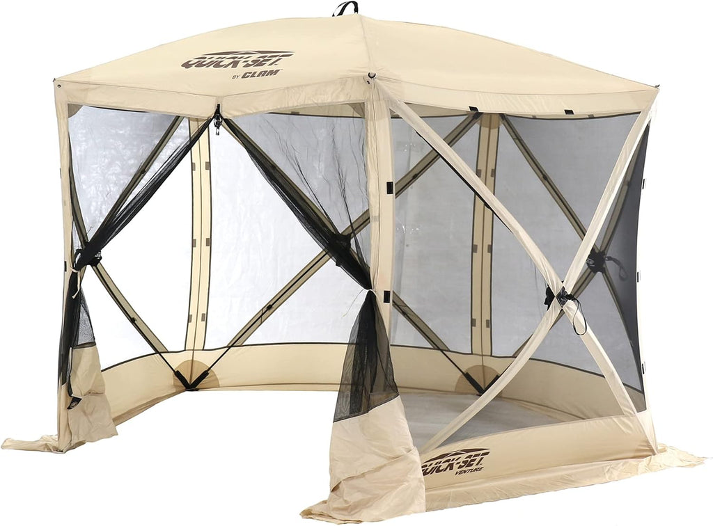 CLAM Venture 9' x 9' Pop-Up Screen Tent – Tan Portable 5-Sided Outdoor Gazebo Canopy with Mesh Netting, Carry Bag, Stakes & Tie-Downs – Instant Setup Shelter for Camping, Picnics & Events