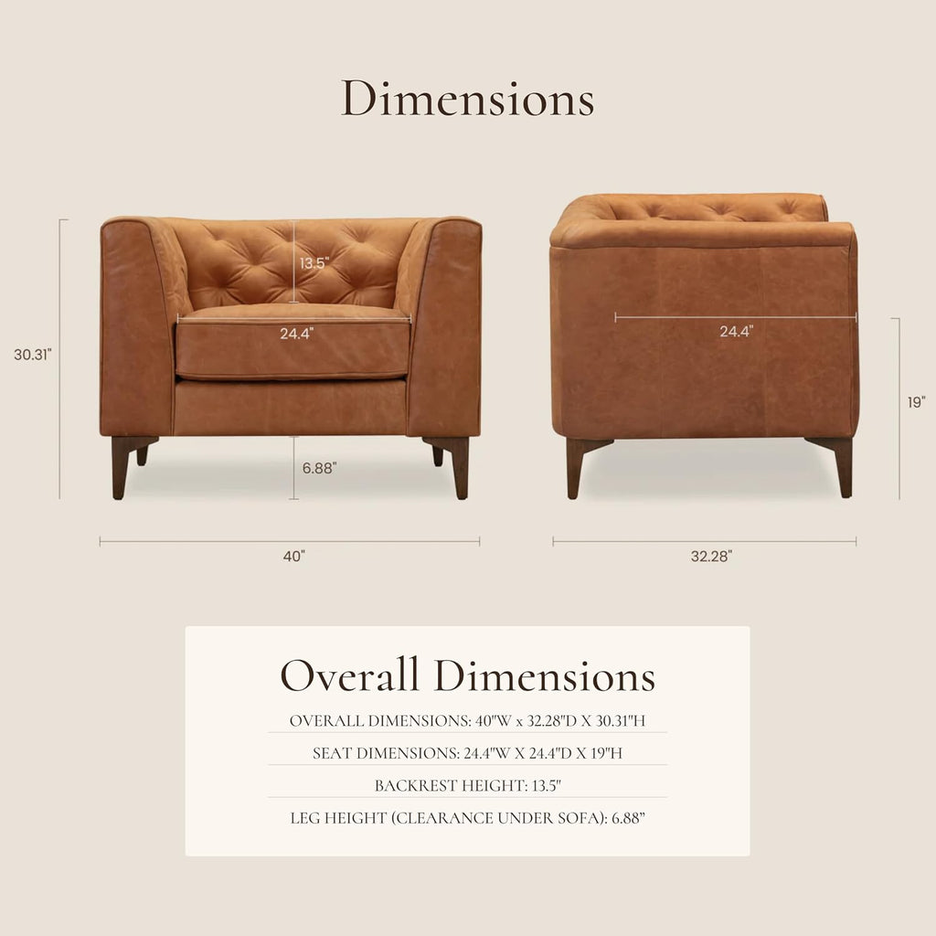 POLY & BARK Essex 40' Lounge Chair – Full-Grain Pure-Aniline Italian Leather, Tufted Back & Arms, Feather-Down Cushioning, Walnut Wood Legs - Cognac Tan