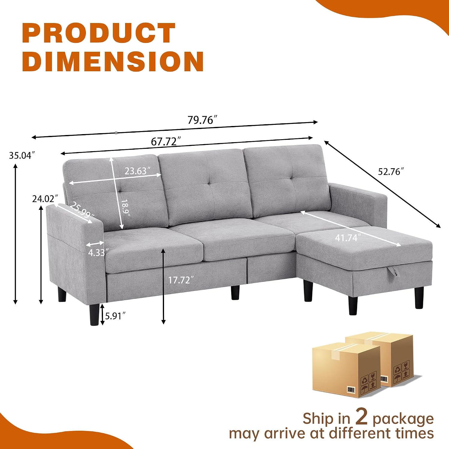 80' Convertible Sectional Sofa Couch with Movable Ottoman, 3 Seats Sectional Sofas L Shaped Couch for Small Spaces, Soft Fabric Couch for Living Room (Light Grey)
