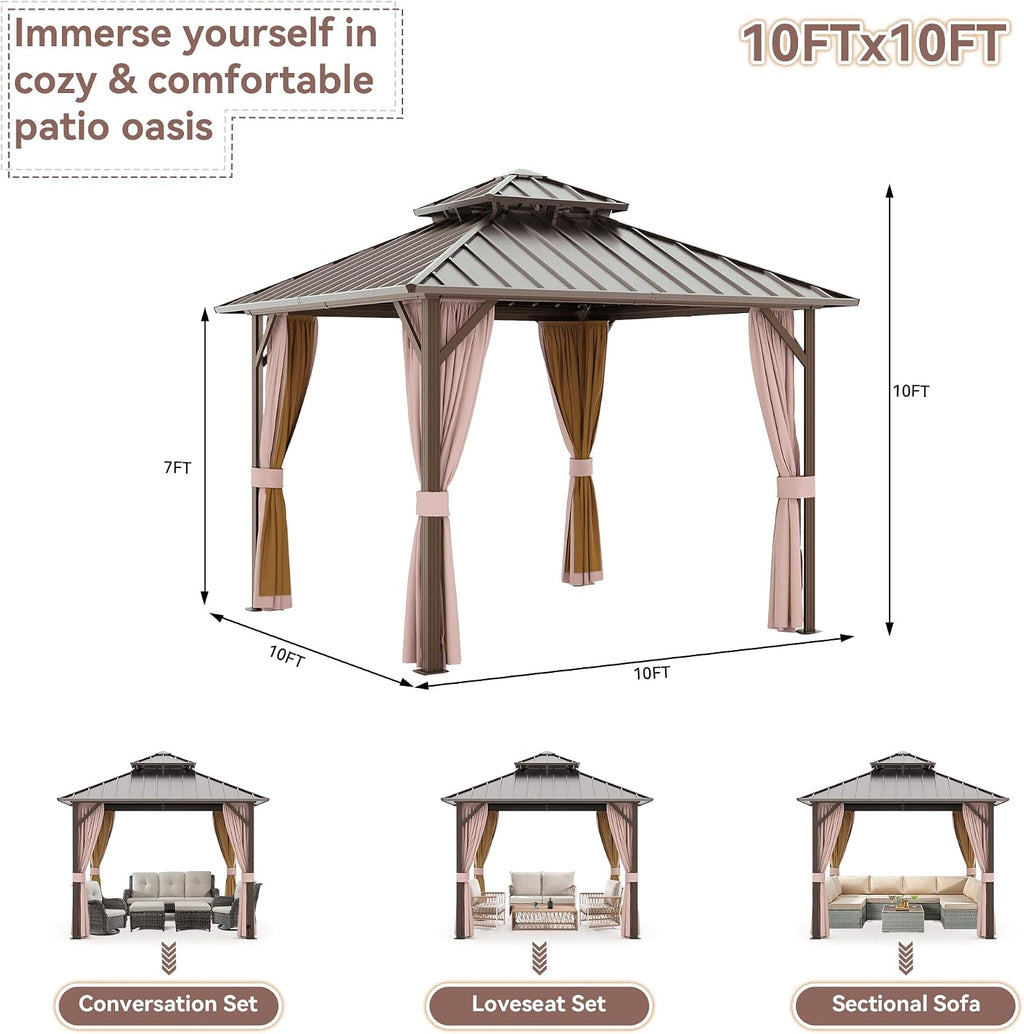 Joyside 10' X 10' Double-Tier Hardtop Gazebo, Aluminum Metal Gazebo with Iron Material Roof, Curtain and Netting, Permanent Gazebo Pavilion for Patio, Backyard, Deck, Lawn