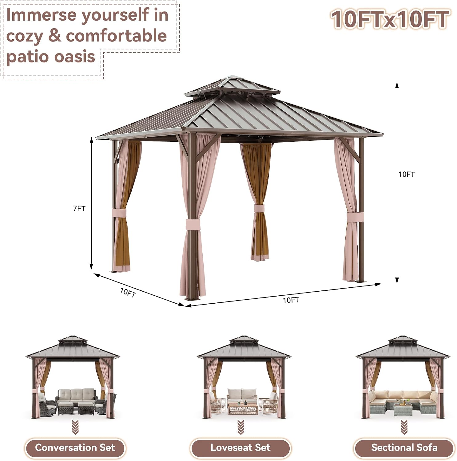 Joyside 10' X 10' Double-Tier Hardtop Gazebo, Aluminum Metal Gazebo with Iron Material Roof, Curtain and Netting, Permanent Gazebo Pavilion for Patio, Backyard, Deck, Lawn
