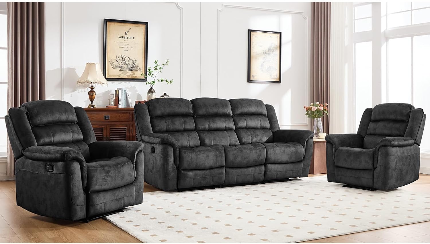 EBELLO 3 Pieces Reclining Living Room Set, Soft Fabric Manual Recliner Sofa Furniture Set, Includes 2 Overstuffed Recliner Chairs and one 3 Seat Sofa, Grey