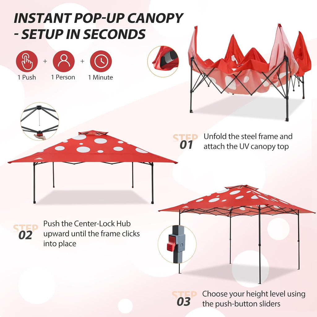 EAGLE PEAK 13x13 Straight Leg Pop Up Canopy Tent Instant Outdoor Canopy Easy Single Person Set up Folding Shelter w/Auto Extending Eaves 169 Square Feet of Shade (Red Mushroom)