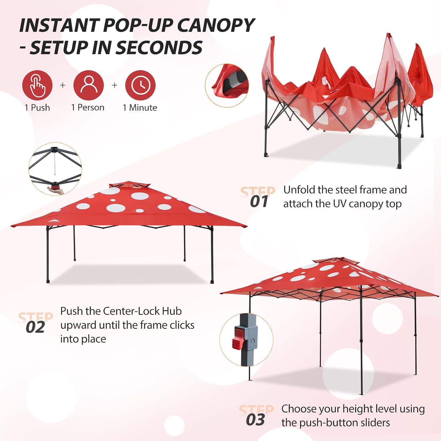 EAGLE PEAK 13x13 Straight Leg Pop Up Canopy Tent Instant Outdoor Canopy Easy Single Person Set up Folding Shelter w/Auto Extending Eaves 169 Square Feet of Shade (Red Mushroom)