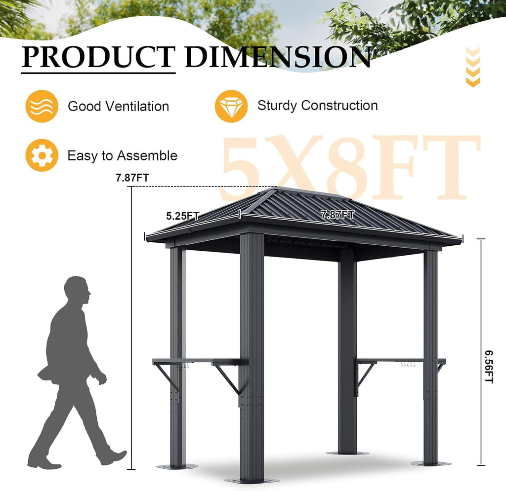 8' x 5' Single Roof BBQ Gazebo with Metal Roof – Sturdy Steel Frame, Outdoor Pavilion for Grilling and Outdoor Activities