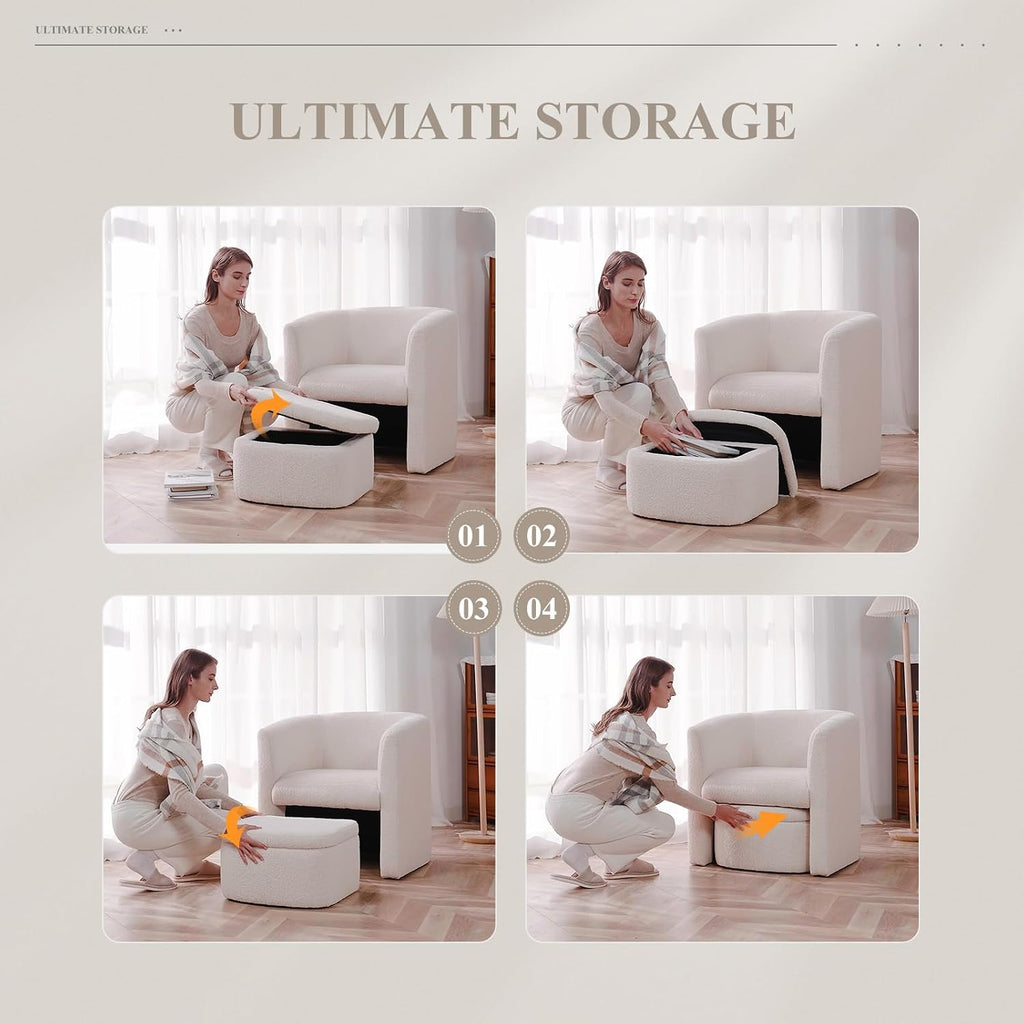 COLAMY Morden Velvet Barrel Accent Chair with Storage Ottoman Set of 2, Upholstered Living Room Side Chair, Single Sofa Armchair with Lounge Seat for Bedroom/Office/Reading Spaces, Cream