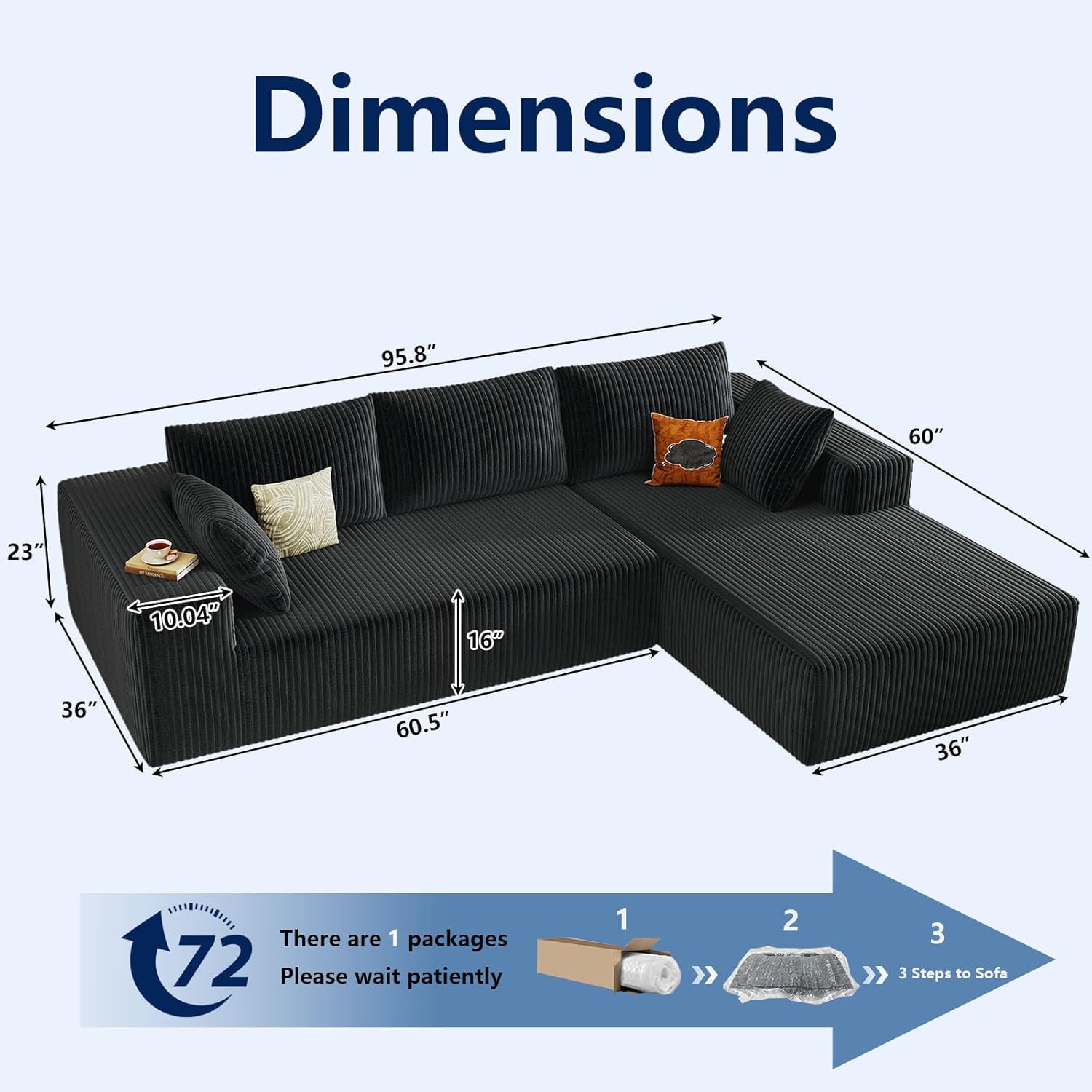 96' Modular Sectional Sofa, Modern Corduroy Cloud Couch with Deep Seat, Boneless Couch Upholstered 3-Seater L-Shaped Sofa for Living Room, No Assembly Required (Black, Right-Facing Chaise)