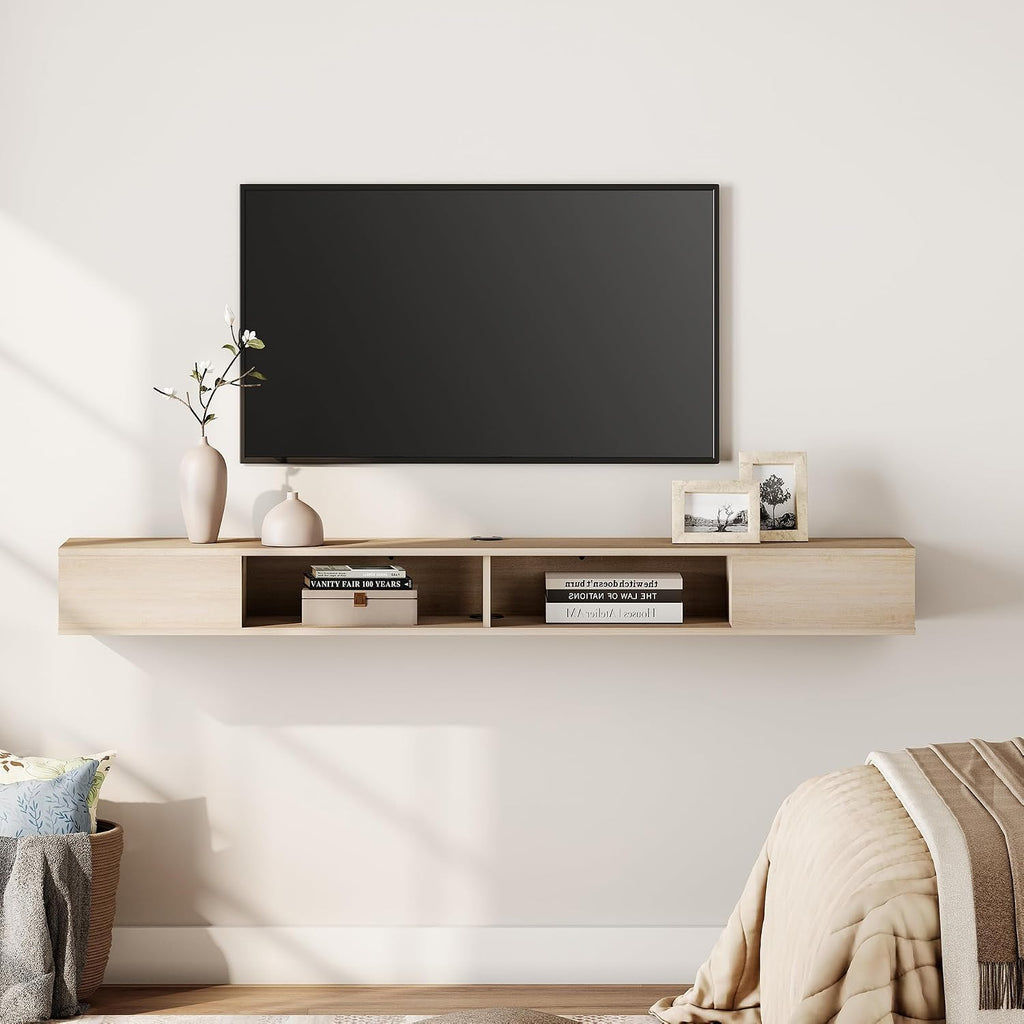 WAMPAT TV Stand with LED Lights for 65/70/75 inch TVs, Wall Mounted Shelf Under TV Cabinet, Entertainment Center Media Console with Storage for Living Room and Bedroom, Oak