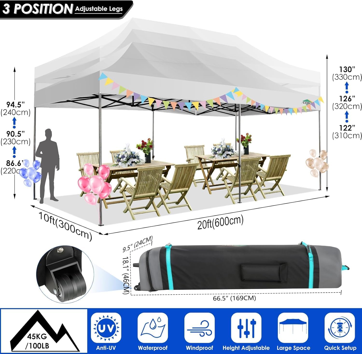 COBIZI 10x20 Canopy with Sidewalls, Heavy Duty Party Tent Pop up Canopy, Tents for Parties, Wedding, Outdoor Easy up Foldable Portable Canopy Tent with Wheeled Bag, White(Windproof Upgrade)
