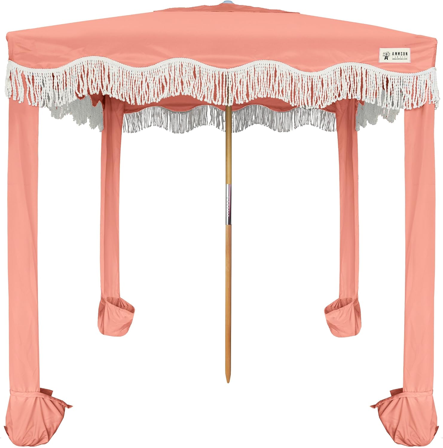 AMMSUN Beach Cabana with Fringe, 7' x 7' Boho Beach Canopy with Tassels, Easy Set up & Premium Wood Pole, Cabana Tent with Sand Pockets, Instant Sun Shade for Sand, Garden, Patio, Coral Pink