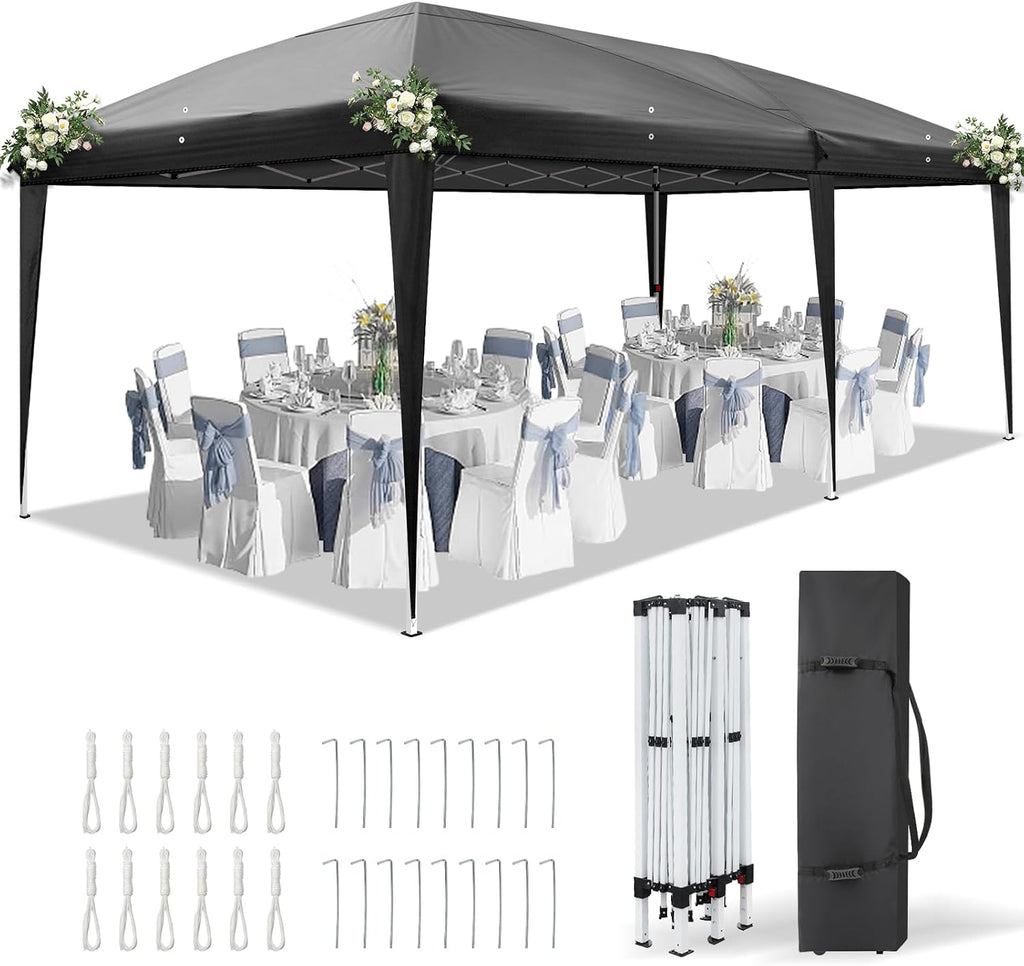 VINGLI 10x20 Pop Up Canopy Tent, Outdoor Tent Canopies Foldable Portable Canopies for Camping, Patio, Parties, EZ Up Gazebo Canopy with Carry Bag, Carpas para Patio (Black)