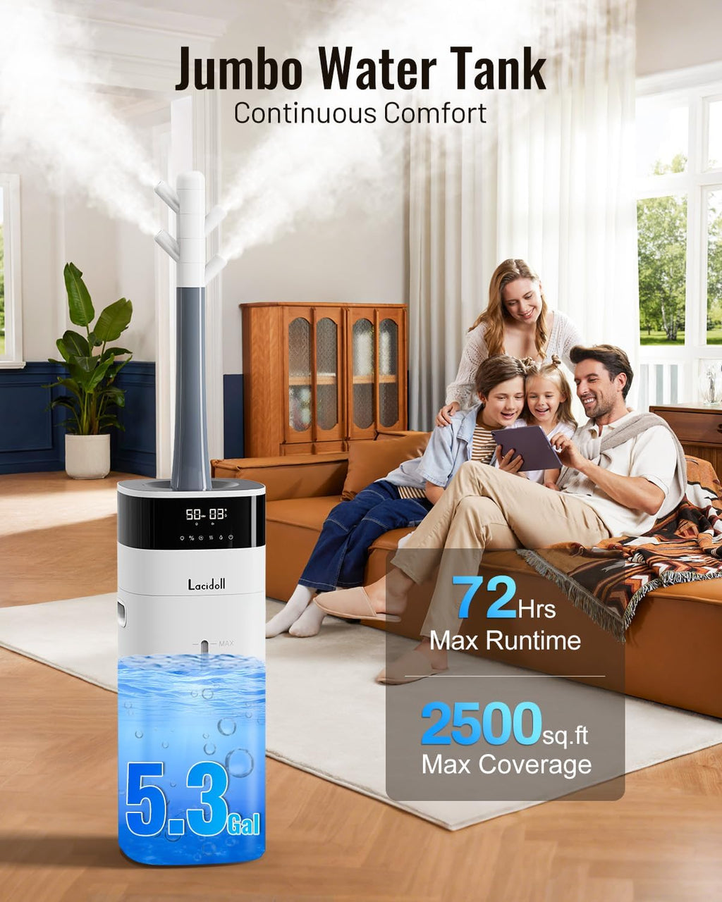 Lacidoll Warm and Cool Mist Humidifier Large Room, 5.3Gal/20L Humidifiers for Home 2500 sq ft, Whole House Humidifiers with Diffuser & Extended Tube, Air Humidifier for Bedroom Nursery Baby Plants