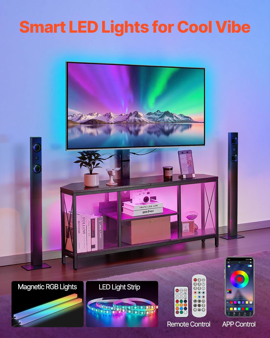 VEVOR 45' TV Stand with Mount for up to 75 in TVs, Entertainment Center with Power Outlet & LED Lights, Height Adjustable TV Console with Mount with 3 Tiers Storage Cabinets for Bedroom, Living Room