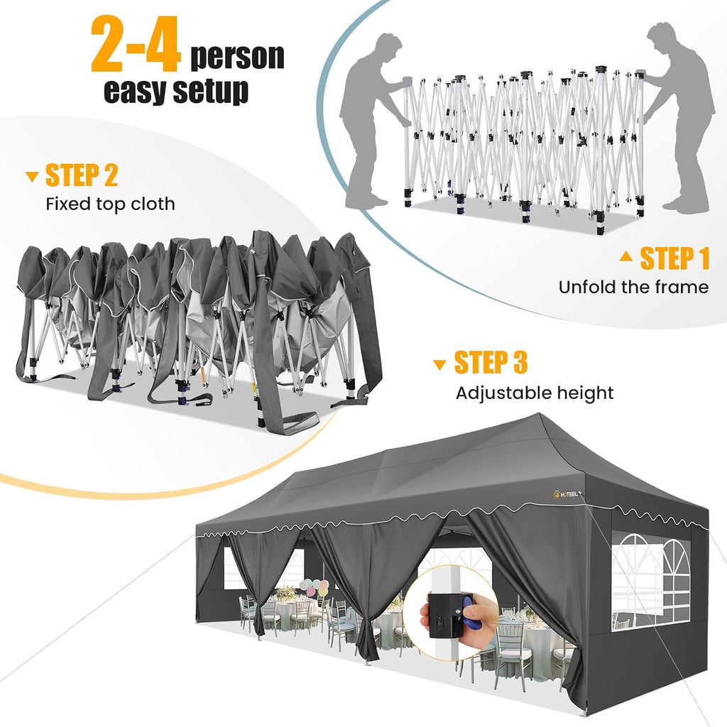 HOTEEL 10x30 Pop Up Canopy with 8 Sidewalls, UV 50+ and Waterproof 10×30 Party Tent, Thickened Frame, Large Space Easy Pop Up Canopy, Outdoor Canopy for Weddings, Beaches, Parties, Patio (Grey)