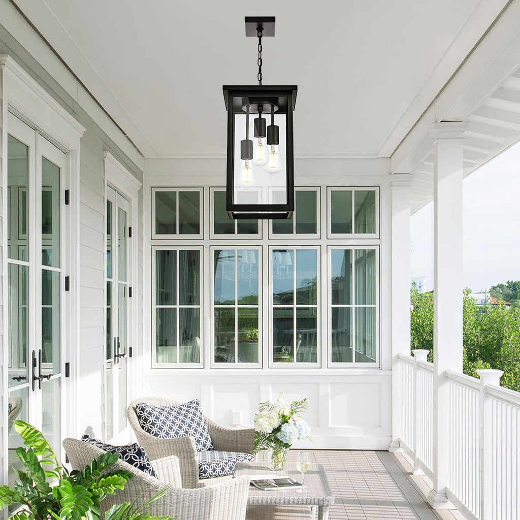 17'' Large Outdoor Pendant Light, 3-Lights Matte Black Exterior Hanging Lantern with Clear Glass, Outdoor Chandelier Ceiling Light Fixture for Porch, Patio, Gazebo, Entryway