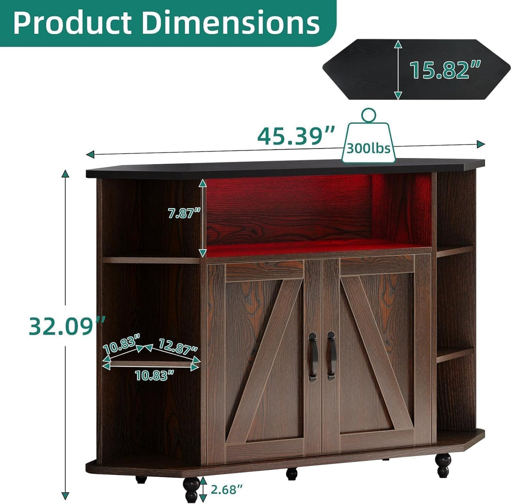 4 EVER WINNER Corner TV Stand, Farmhouse Corner TV Cabinet with LED Lights for 50 Inch, Adjustable Shelves, Corner TV Stand with Storage, Barn Doors for Living Room, Brown and Black