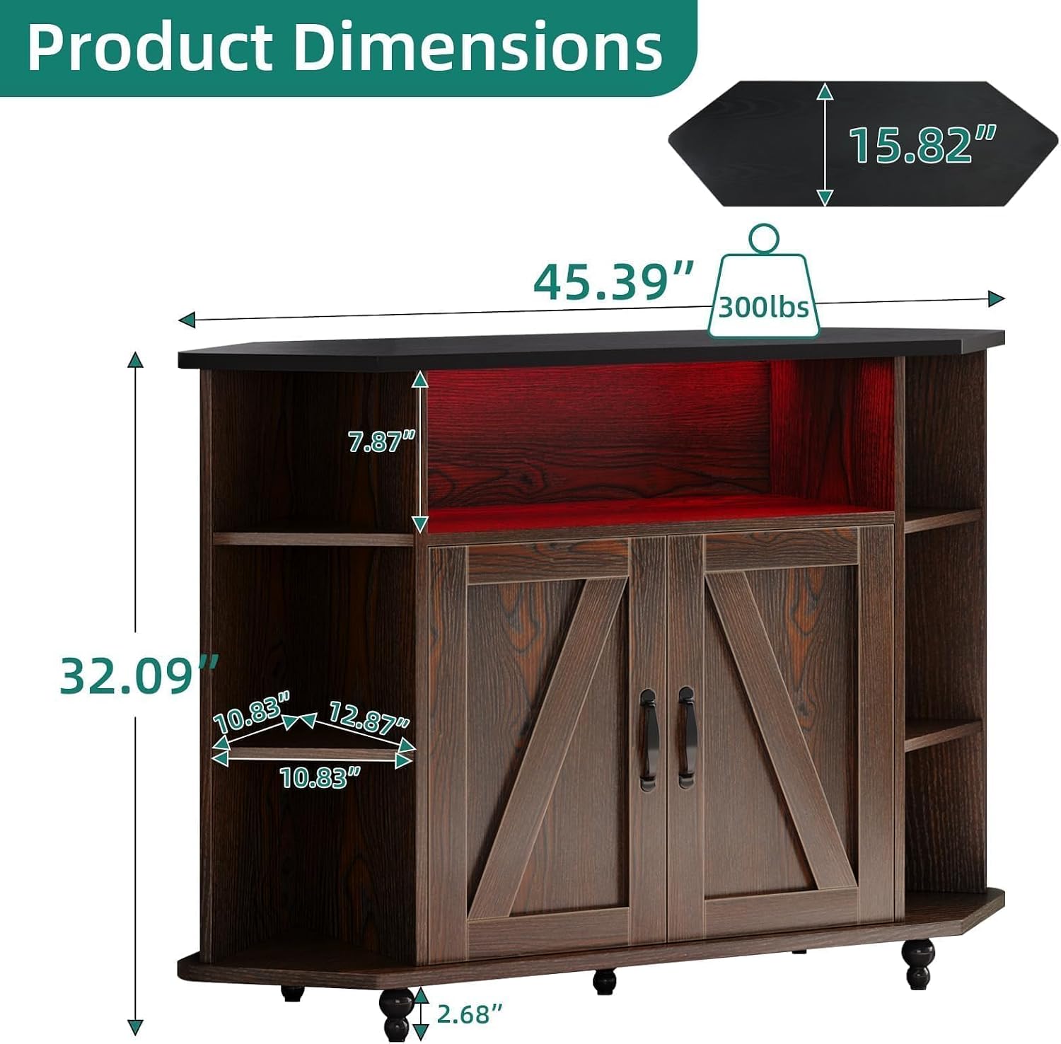 4 EVER WINNER Corner TV Stand, Farmhouse Corner TV Cabinet with LED Lights for 50 Inch, Adjustable Shelves, Corner TV Stand with Storage, Barn Doors for Living Room, Brown and Black