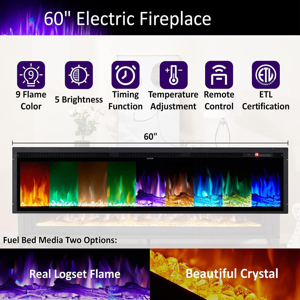 AMERLIFE 65' Fireplace TV Stand with 60' Glass Electric Fireplace, Industrial & Farmhouse Media Entertainment Center with Open Shelve Storage for TVs Up to 75', TV Console for Living Room, Black