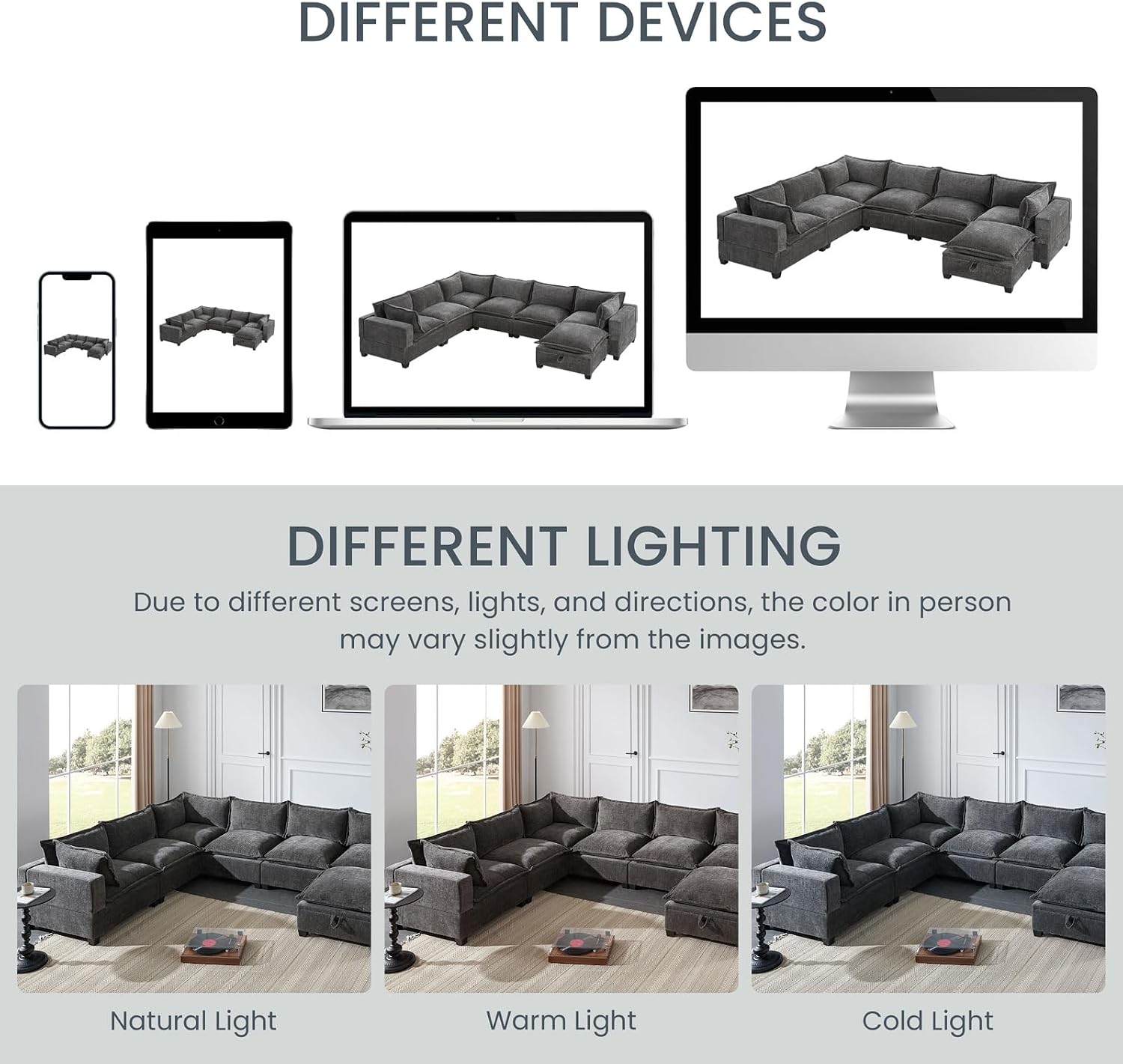 117' Oversized Modular Sectional Sofa with Movable Storage Ottoman, 7-Seat U-Shaped Cloud Couch with Deep Seats, Chenille Upholstered Corner Couch, Modern Sectional Couches for Living Room, Grey