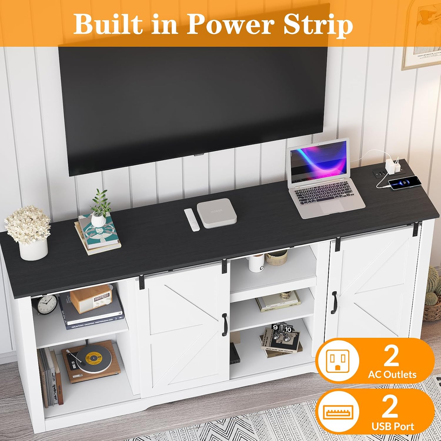 GarveeHome 70' Farmhouse TV Stands for 80-85' TVs, Rustic Wooden Entertainment Center with Adjustable Shelves & Sliding Barn Door, TV Console Table with Open Storage for Home, White+Black Top