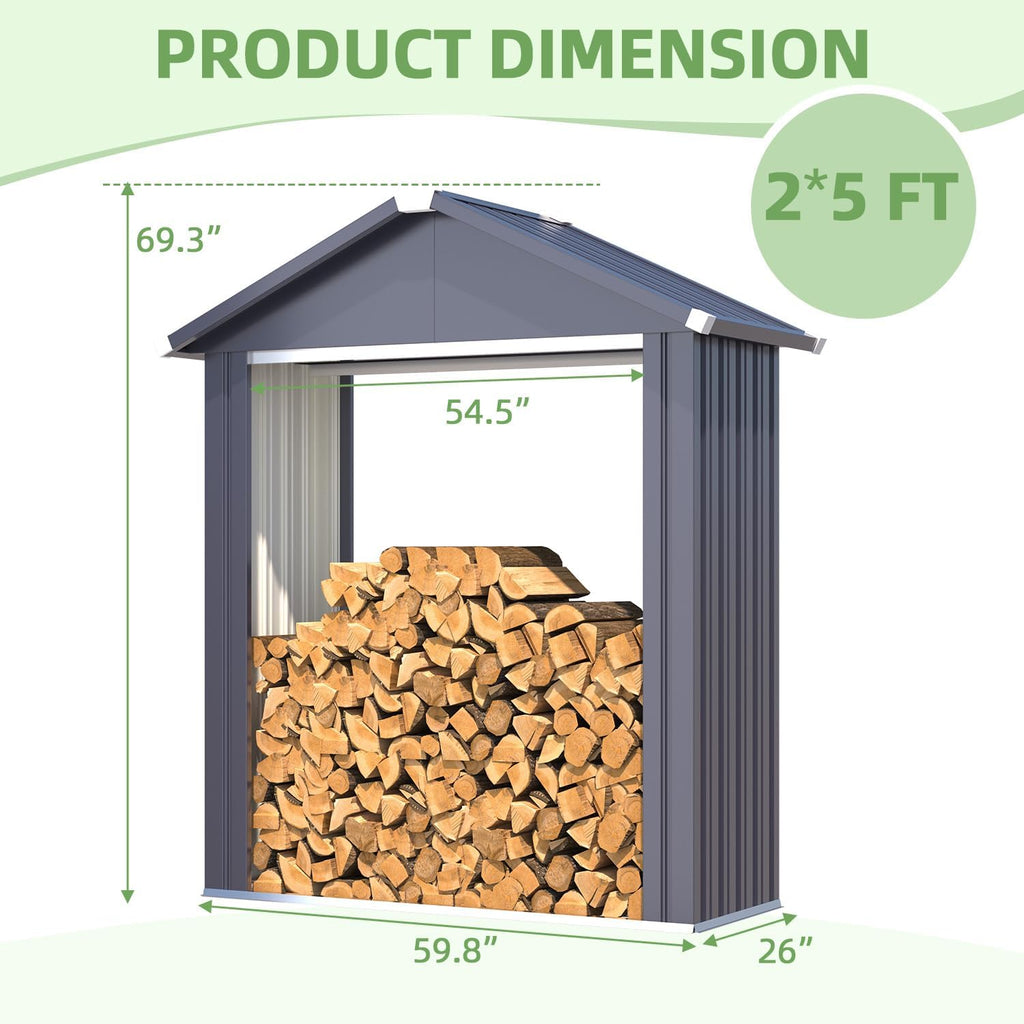 AECOJOY 5x2 Outdoor Firewood Storage Shed, Firewood Rack Outdoor Sheds & Outdoor Storage Clearance, Metal Tool Sheds Cabinet Waterproof for Backyard, Garden, Patio in Grey