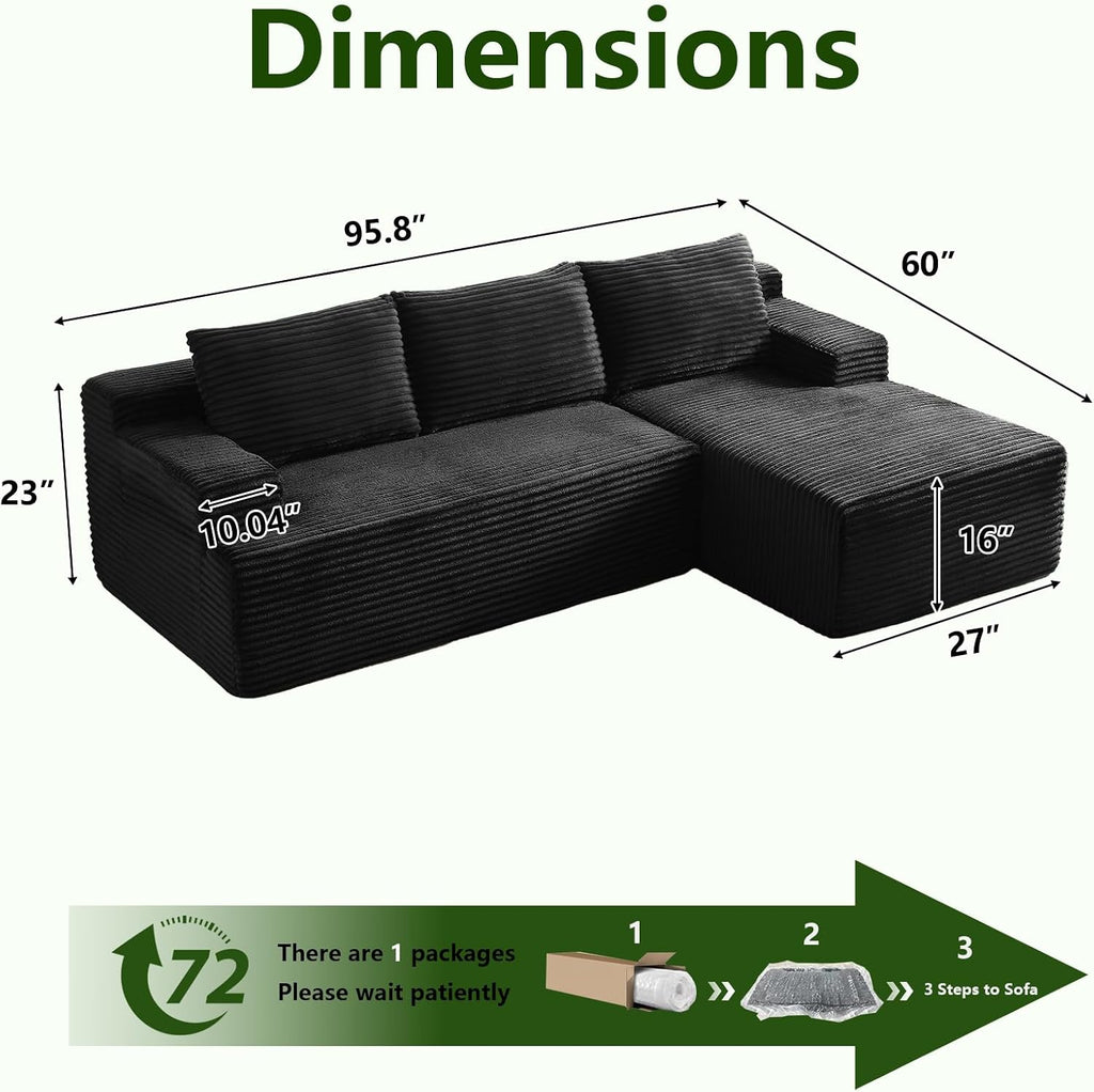 96' Modular Sectional Sofa, Modern Corduroy Cloud Couch with Side Pockets, Boneless Couch Upholstered 3-Seater L-Shaped Sofa for Living Room, No Assembly Required (Black, Right-Facing Chaise)