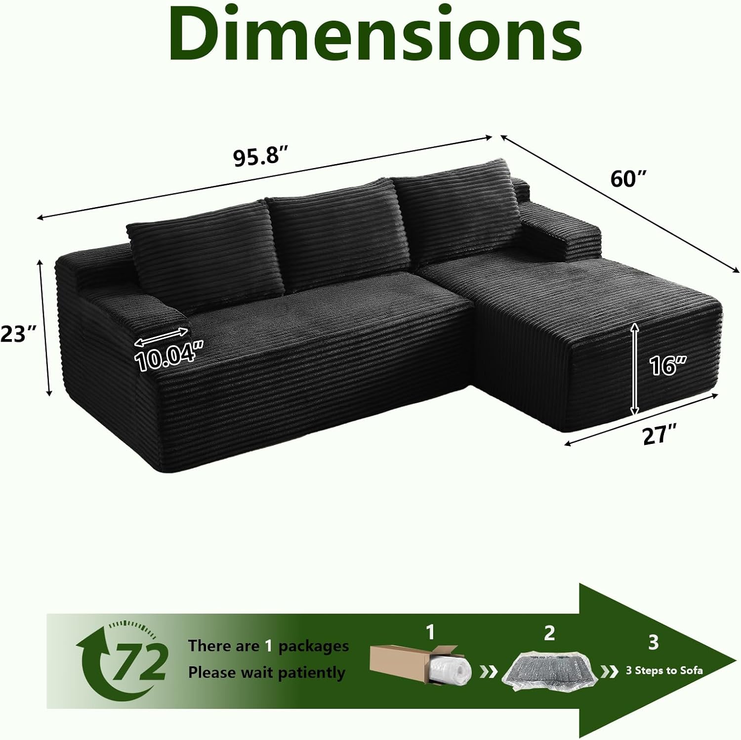 96' Modular Sectional Sofa, Modern Corduroy Cloud Couch with Side Pockets, Boneless Couch Upholstered 3-Seater L-Shaped Sofa for Living Room, No Assembly Required (Black, Right-Facing Chaise)