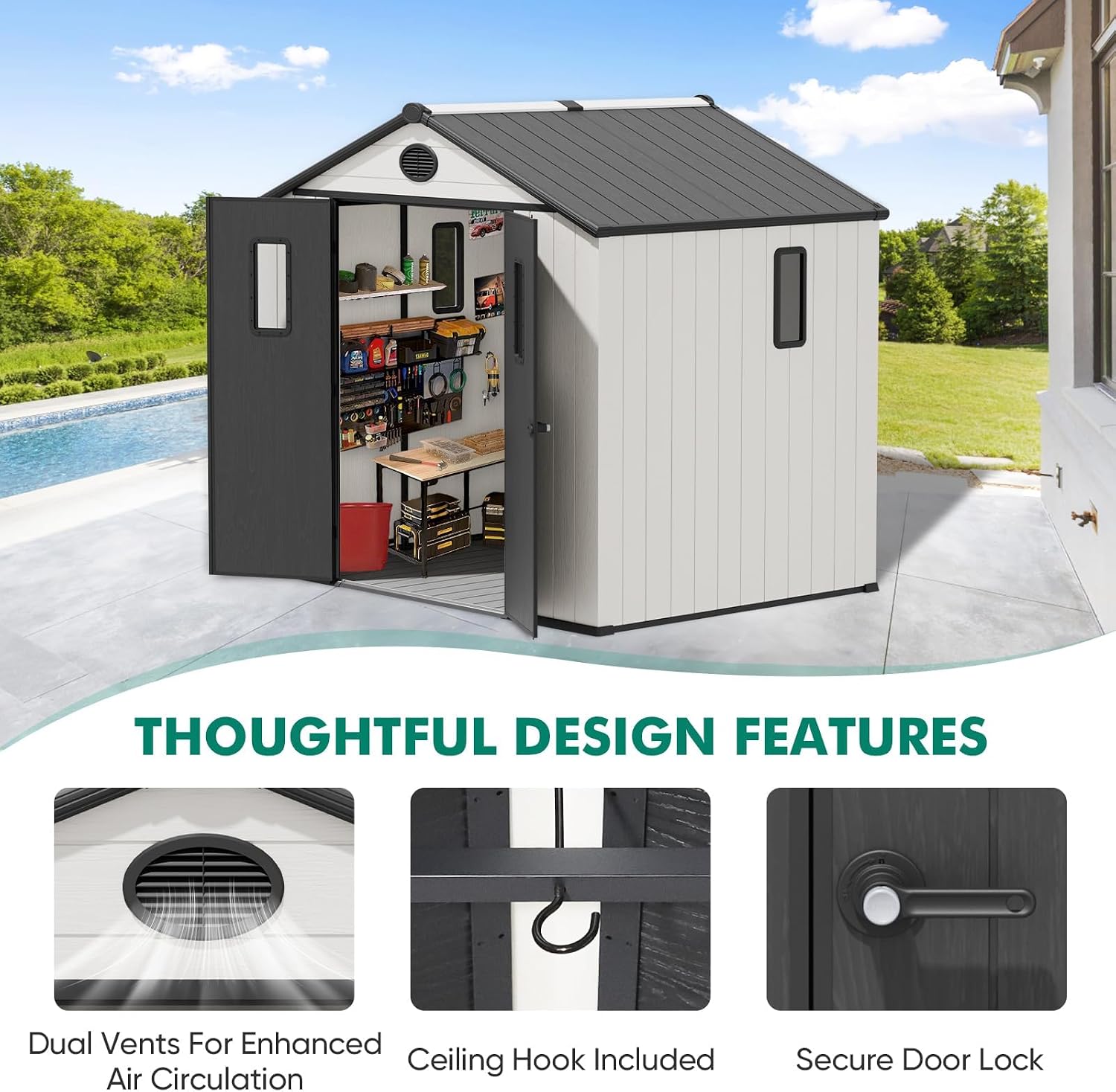 8x8 Outdoor Storage Shed with Floor, Heavy Duty Resin Tool Shed, Weather Resistant Garden Storage Building with Windows & Ventilation, White/Gray
