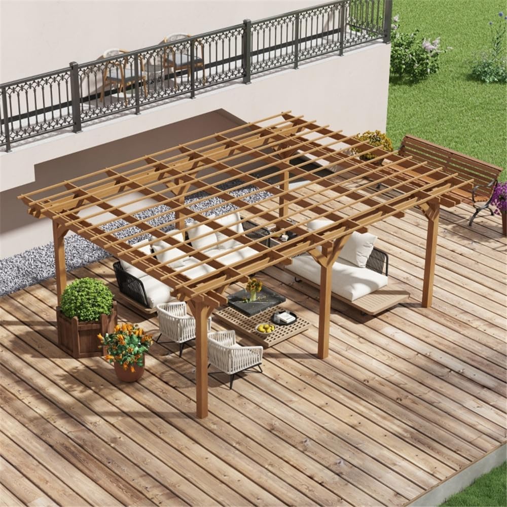 16 x 12 ft Wood Pergola Quality Solid Wood Gazebo Pavilion for Backyard Deck Patio Outdoor Large Pergola Grape Trellis Grill Gazebo, Strong Sturcture,Snow and Wind Supported (Brown)