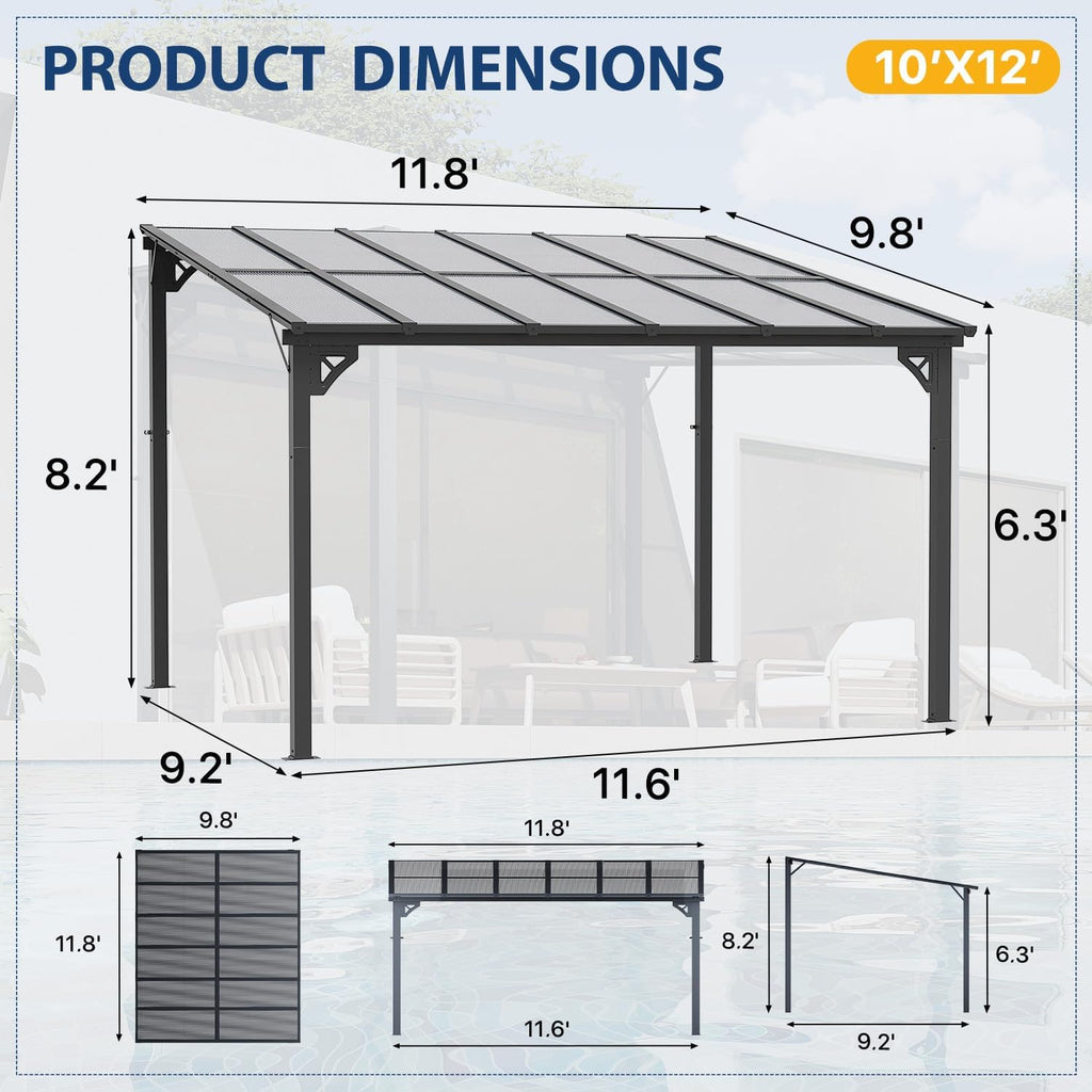 10' x 12' Outdoor Gazebo Pergola with Sloped Roof, Large Wall-Mounted Heavy Duty Awnings for Patio, Deck, and Backyard