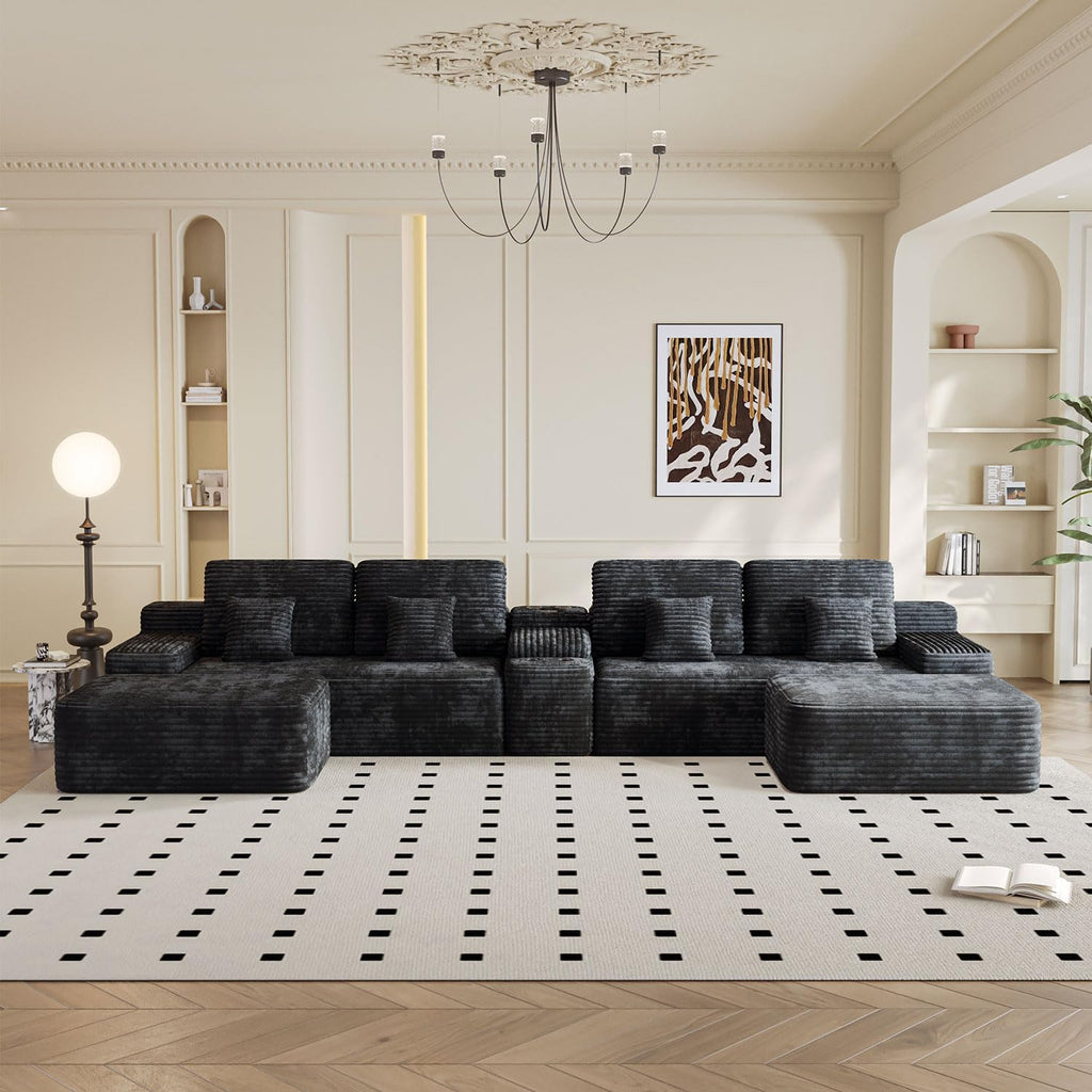 KEIKI 150' U-Shaped Oversized Corduroy Modular Sectional Sofa with 2 Ottomans and Multi Functional Console, 6-Seater Upholstered Couch with USB and 2 Cup Holder, Easy Assembly, for Living Room, Black