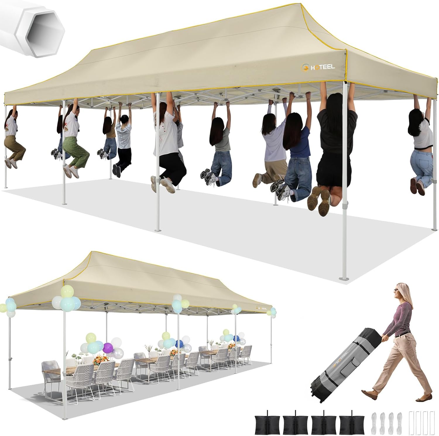 HOTEEL 10x30 Heavy Duty Pop up Canopy Tent Without Sidewalls, Easy Setup Outdoor Commercial Instant Tent for Parties Wedding Event, with Portable Bag, Khaki(Hexagonal Frame)