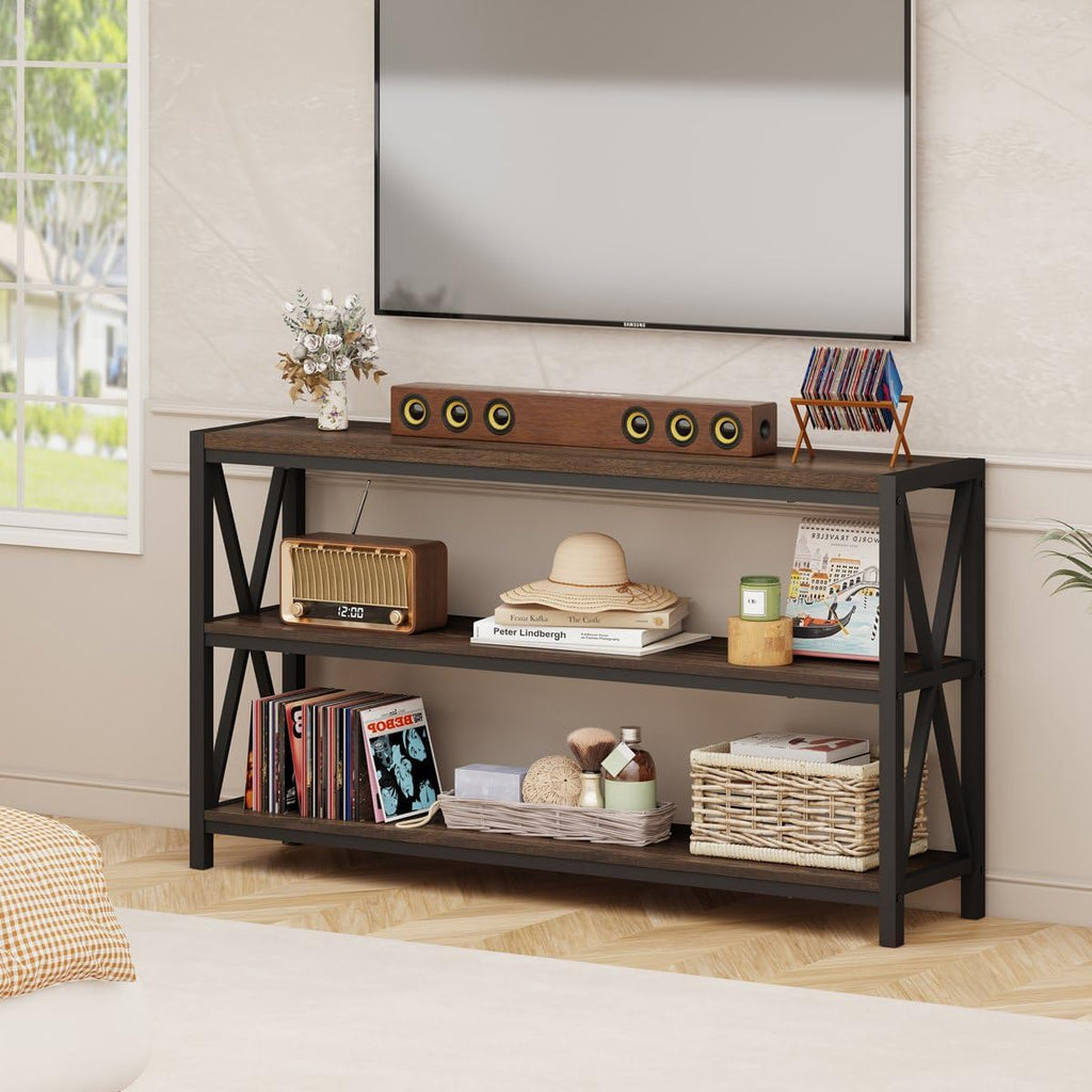 FATORRI Console Table for Entryway, Modern Entry Hallway Table with 3 Tier Shelves, Couch Tables Behind Sofa for Living Room, 55 Inch, Dark Walnut
