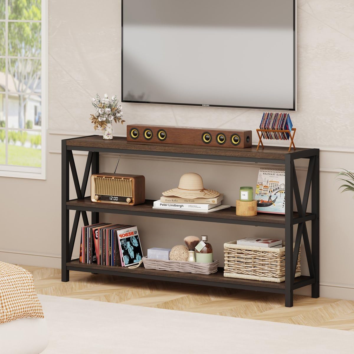 FATORRI Console Table for Entryway, Modern Entry Hallway Table with 3 Tier Shelves, Couch Tables Behind Sofa for Living Room, 55 Inch, Dark Walnut