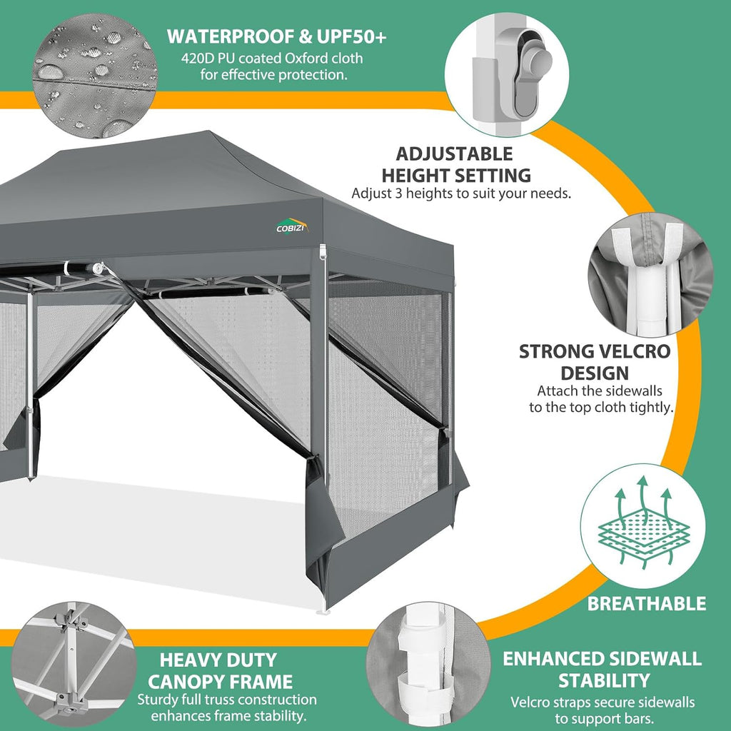 COBIZI 10x15 Heavy Duty Pop up Canopy with 4 Sidewalls, Canopy Tent with Mosquito Netting, Easy up Screen Party Tents for Parties Wedding Patio Backyard Commercial Gazebo with Handbag, Gray