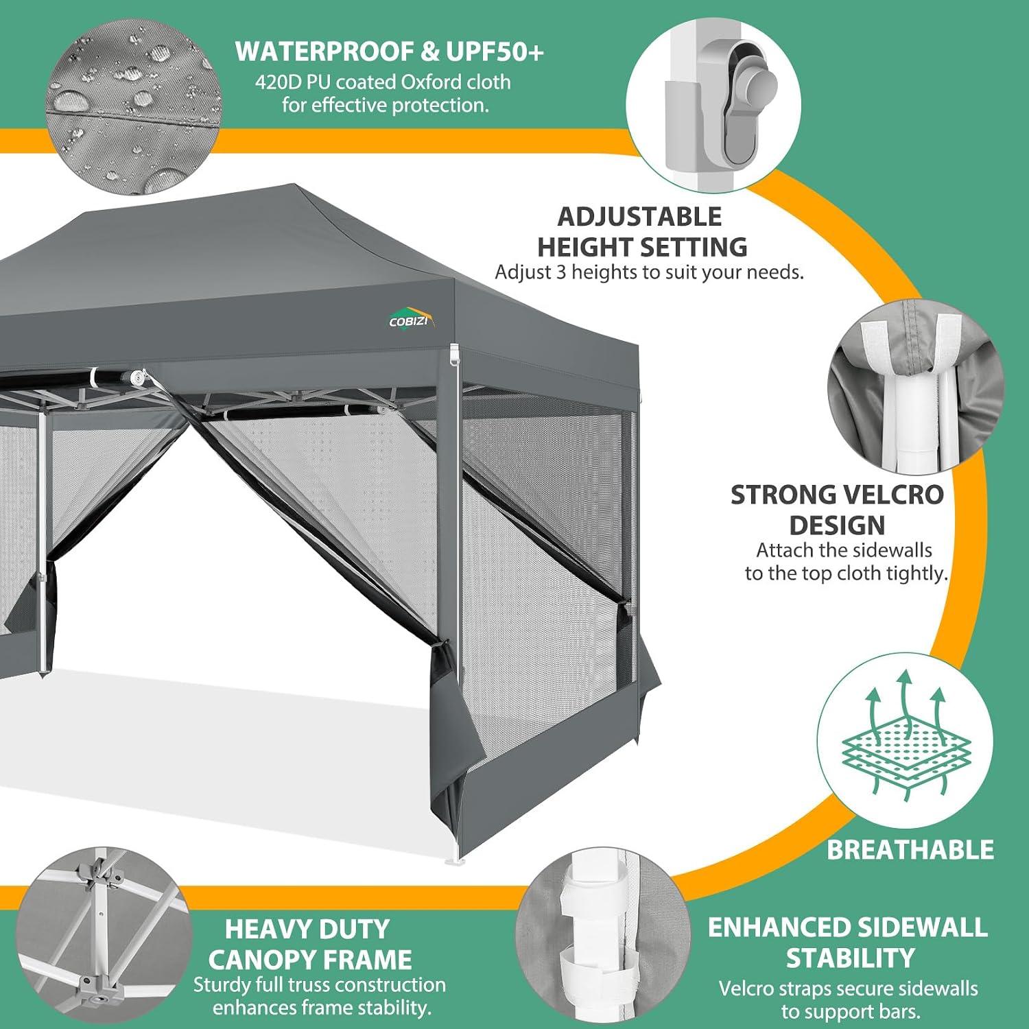 COBIZI 10x15 Heavy Duty Pop up Canopy with 4 Sidewalls, Canopy Tent with Mosquito Netting, Easy up Screen Party Tents for Parties Wedding Patio Backyard Commercial Gazebo with Handbag, Gray