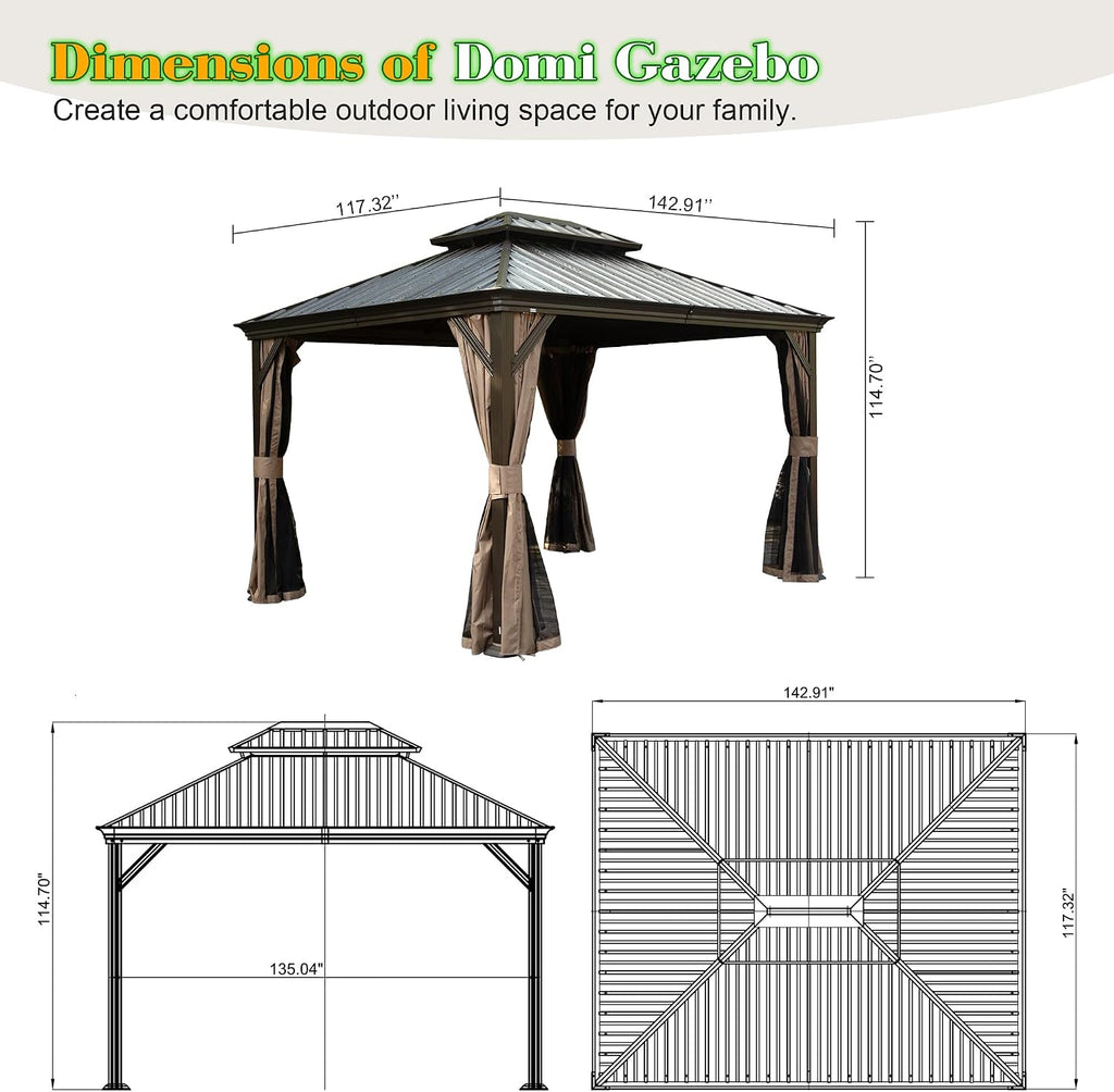 Domi 10x12FT Hardtop Gazebo, Outdoor Gazebo with Double Galvanized Steel Roof, Metal Pavilion Shelter for Patio, Lawn and Garden, Detachable Curtain and Netting Included, Brown