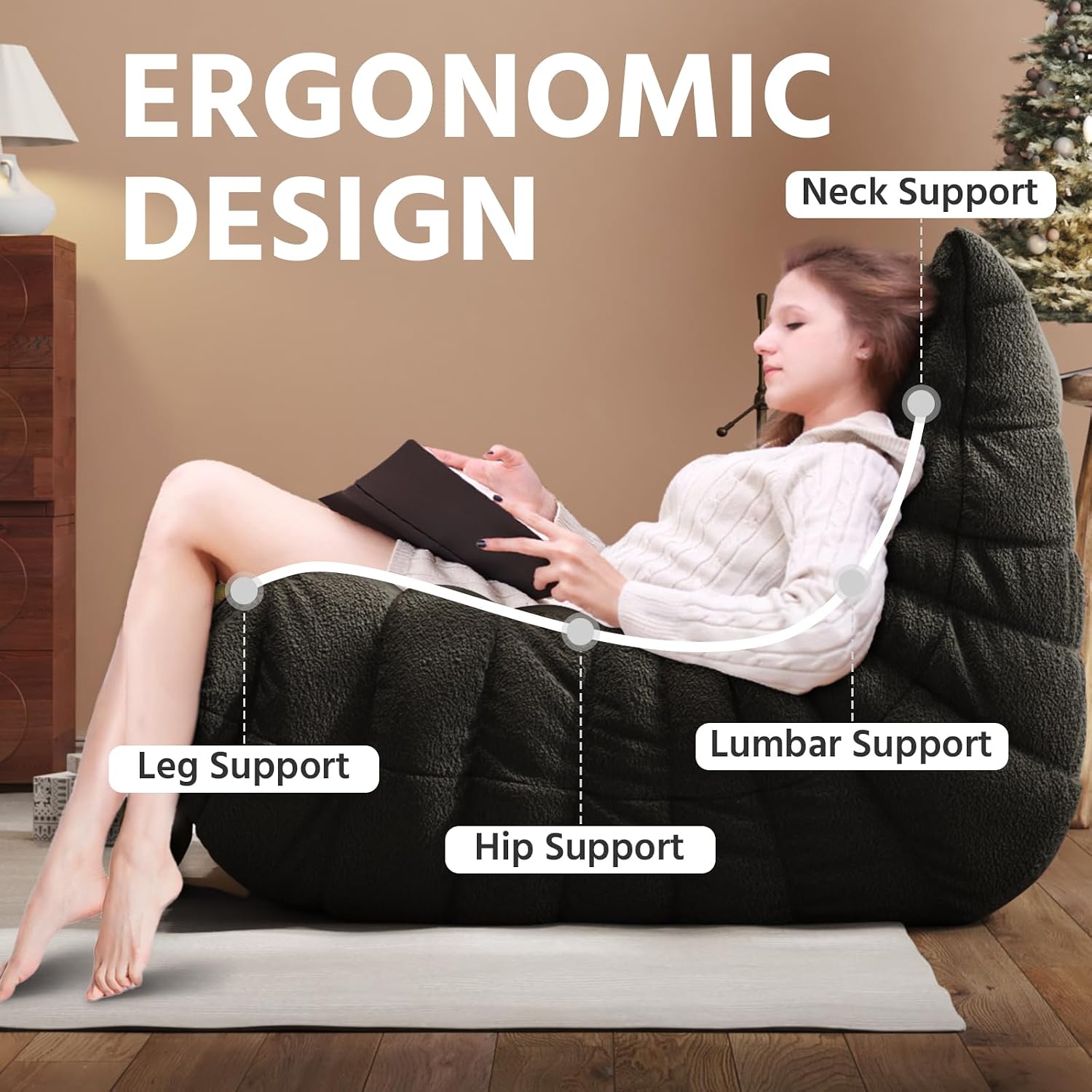 Giant Bean Bag Chair for Adults - Teddy Fleece Fireside Accent Chair with Memory Foam, Comfy Lazy Floor Sofa Couch Boneless Chaise Lounge for Living Room Bedroom Home Theaterr, 1 Seater, Black