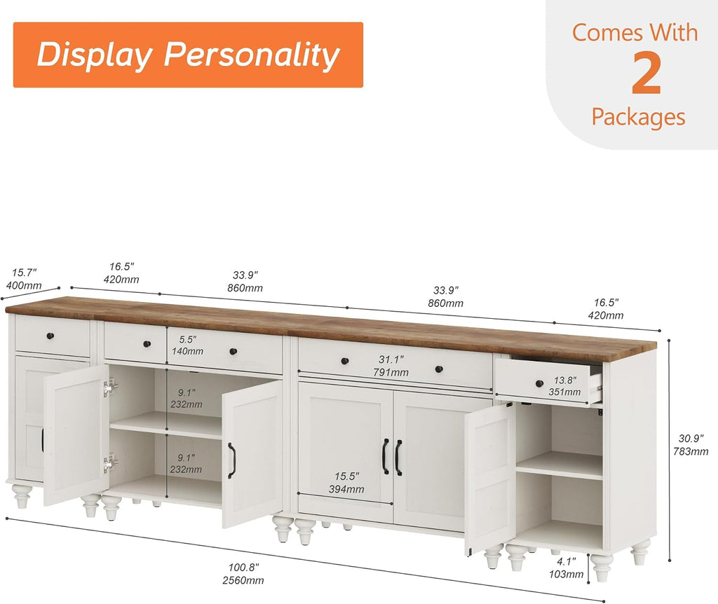 WAMPAT Farmhouse TV Stand for 100 Inch TV, 4-in-1 Wooden TV Console Table for 75/80/85/90 Inch TV, Entertainment Center with Charging Station, Kitchen Sideboard Buffet Cabinet for Dining Room, White