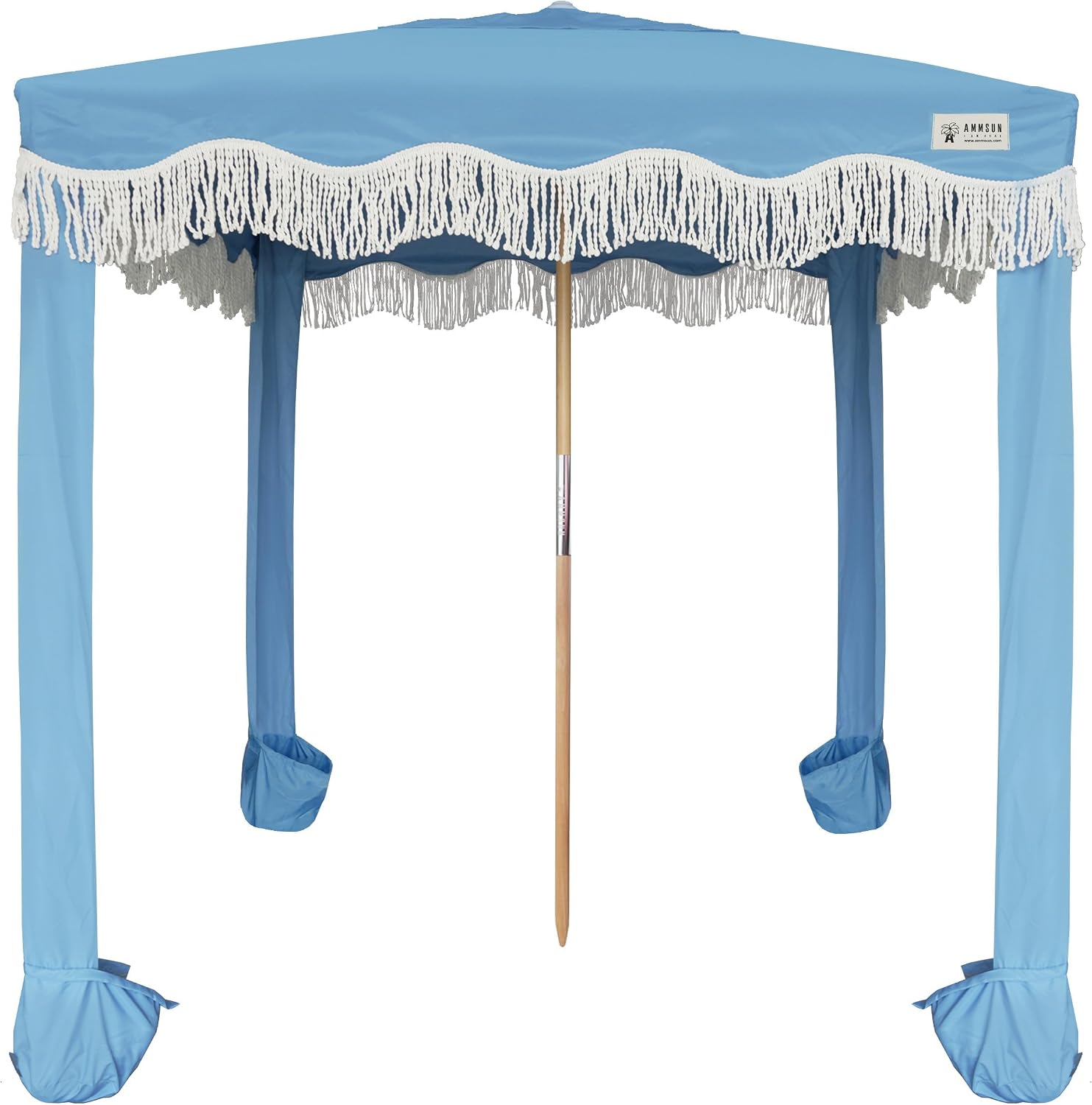 AMMSUN Beach Cabana with Fringe, 7' x 7' Boho Beach Canopy with Tassels, Easy Set up & Premium Wood Pole, Cabana Tent with Sand Pockets, Instant Sun Shade for Sand, Garden, Patio, Blue