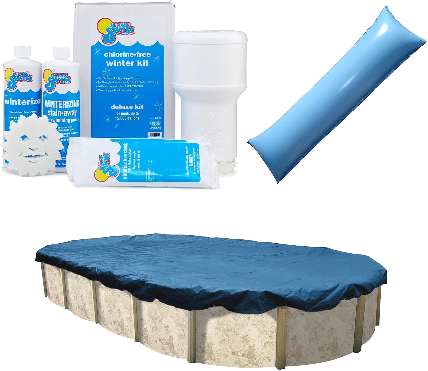 In The Swim Swimming Pool Winterization Bundle: Includes a 18'x34' Oval Economy Swimming Pool Winter Cover, 7.5k Gallon Pool Winter Closing Kit, and 4.5'x15' Air Pillow