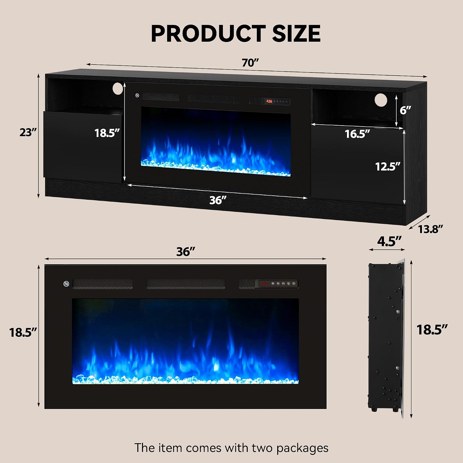 70' Fireplace TV Stand with 36' Electric Fireplace, LED Light Entertainment Center for TVs Up to 80', High-Gloss Door, Modern TV Console for Living Room with Storage Cabinet, Black+Black