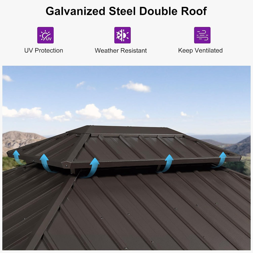 PURPLE LEAF 8' X 12' Hardtop Gazebo Outdoor Gazebos Metal Frame Galvanized Steel Double Roof with Curtains and Nettings for Patio Desk Backyard Bronze