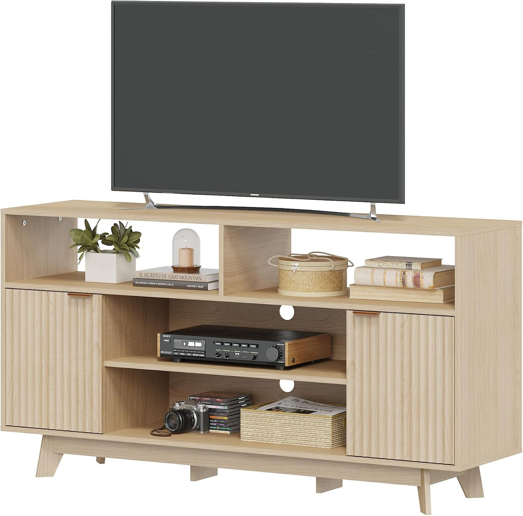 EROMMY Mid Century Modern TV Stand, 59 Inches Entertainment Center with Storage, Tall TV Media Console with 2 Fluted Doors Suitable for 50/55/60/65 TV in Living Room, Bedroom