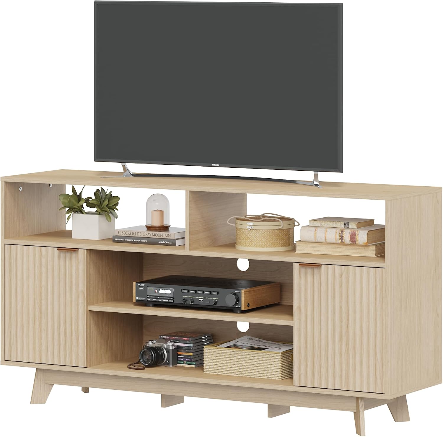EROMMY Mid Century Modern TV Stand, 59 Inches Entertainment Center with Storage, Tall TV Media Console with 2 Fluted Doors Suitable for 50/55/60/65 TV in Living Room, Bedroom