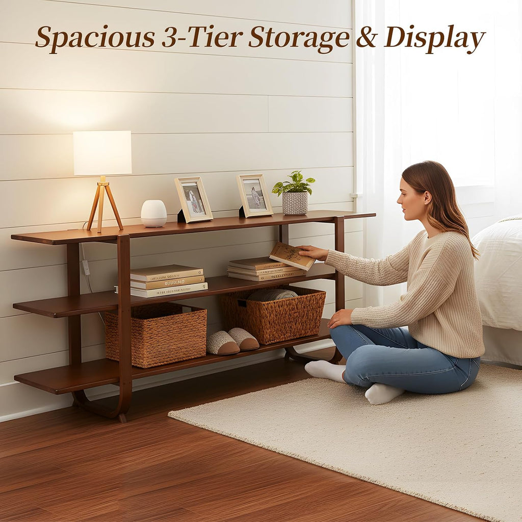 Welnow Bamboo TV Stand for Up to 65 Inch, Mid Century Modern Entertainment Center with 3-Tier Open Shelves, Storage Media Console Table for Living Room, Bedroom, Walnut